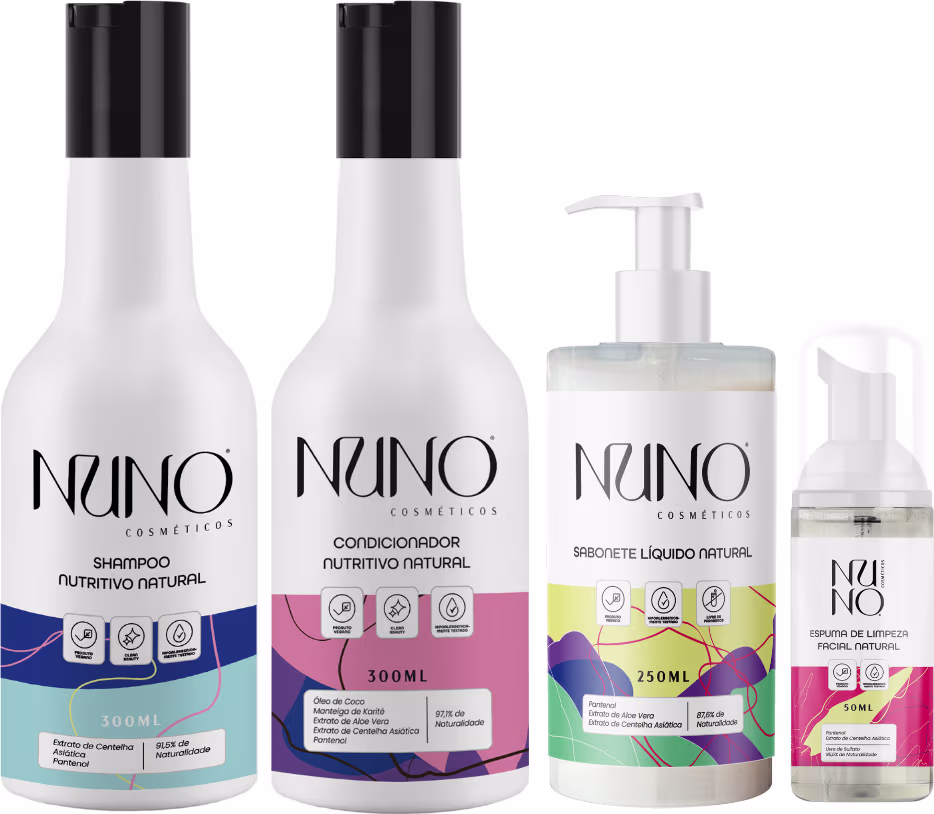 Quatro produtos Nuno Cosméticos Naturais em embalagens brancas com detalhes coloridos: shampoo 300ml, condicionador 300ml, sabonete líquido 300ml e espuma facial 50ml.