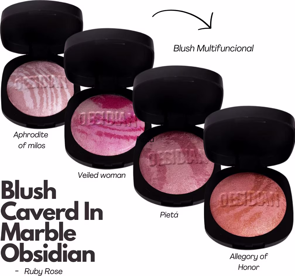 Imagem com 4 blushes multifuncionais, todas as cores disponíveis da linha.