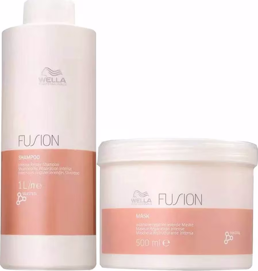 Shampoo de 1L e máscara capilar de 500ml da linha Fusion para cabelos danificados.