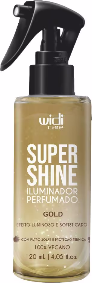 Frasco de spray preto e dourado da linha Super Shine da Widi Care, um iluminador perfumado com efeito luminoso e sofisticado, contendo 120 ml do produto.