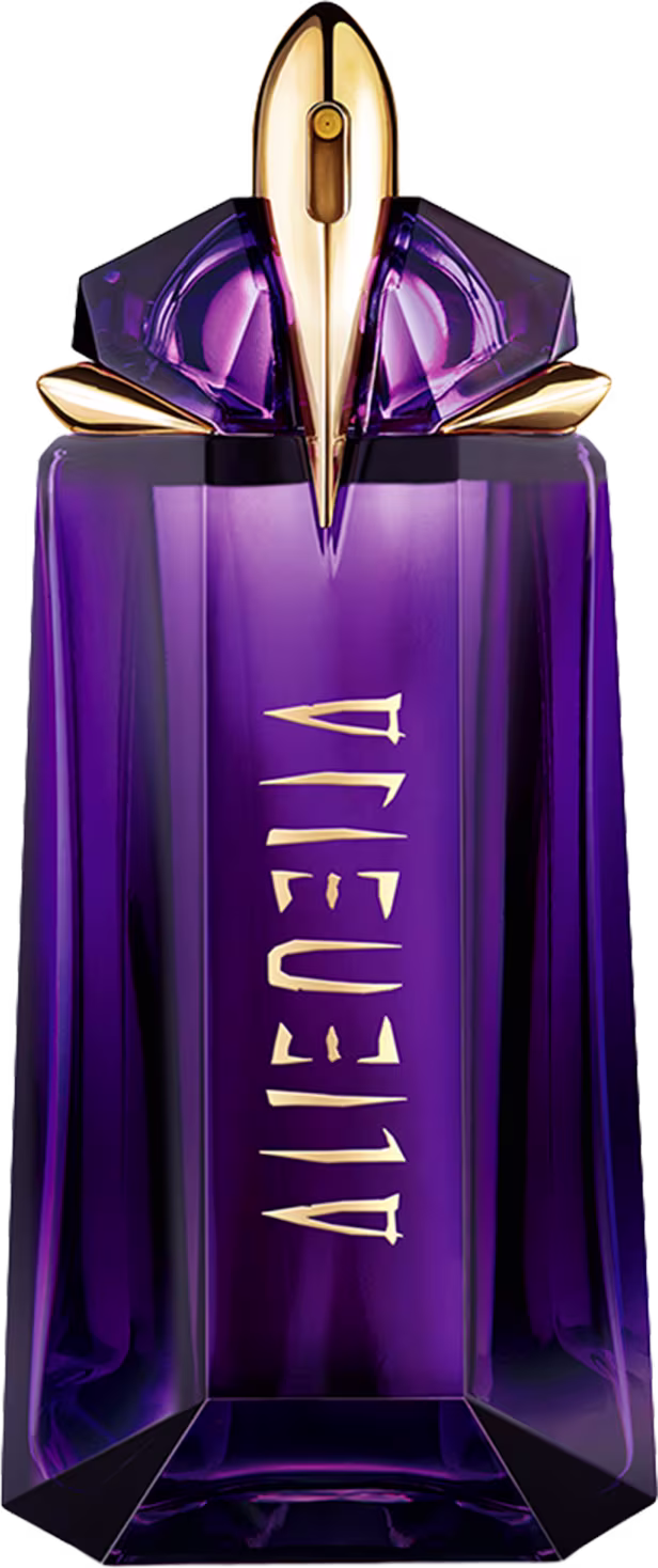 Frasco de perfume de vidro de cor violeta com detalhes dourados, em formato geométrico com tampa pontuda. Rótulo com o nome "Alien" em letras douradas.