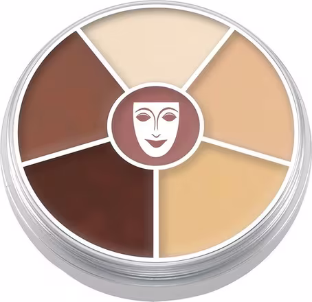 Paleta de corretivos Kryolan Concealer Circle em formato circular, com divisões em diferentes tons de bege e marrom, com um ícone de rosto no centro.
