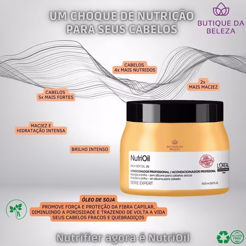 O produto apresentado é um tratamento profissional da linha Serie Expert da L'Oréal Professionnel, chamado NutriOil. A embalagem é um pote plástico amarelo com detalhes pretos na tampa.