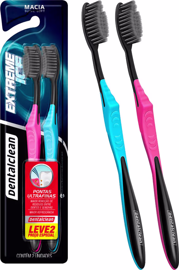 Conjunto de duas escovas dentais da marca Dentalclean. As escovas possuem cabos plásticos ergonômicos nas cores rosa e azul turquesa, com cerdas pretas de nylon. A embalagem é uma caixa plástica transparente com fundo azul escuro.