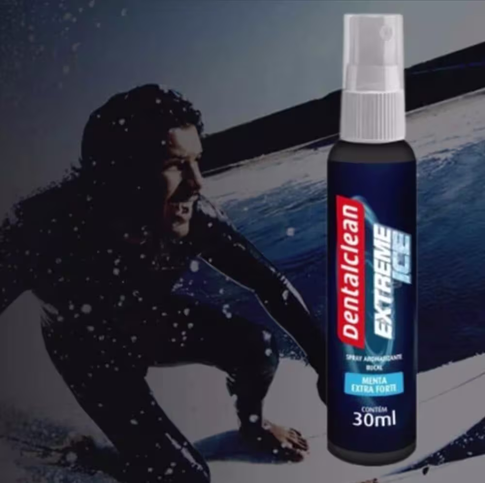 Imagem mostra o spray bucal e ao lado um surfista em sua prancha.