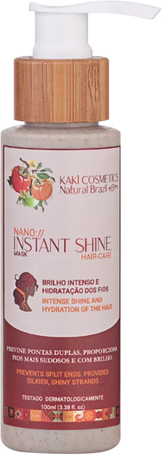 Embalagem plástica transparente com bomba dosadora branca e tampa de madeira. Rótulo descrevendo que proporciona brilho intenso e hidratação aos fios. Tamanho de 120ml.