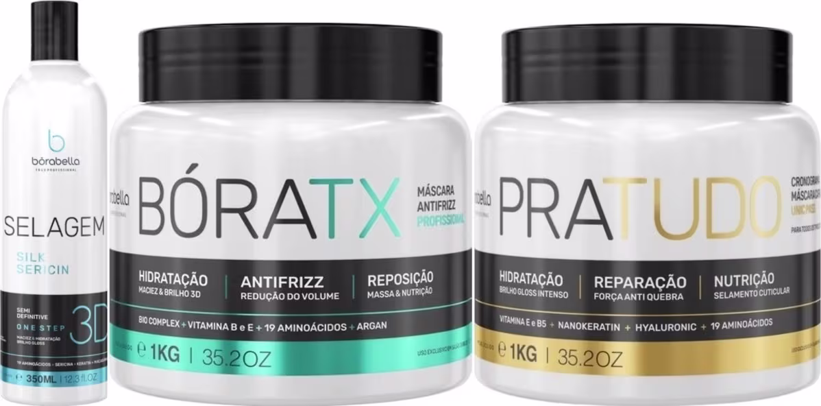Kit com progressiva selagem 3D, máscara de realinhamento BóraTX e máscara capilar Pra Tudo, da marca Borabella.