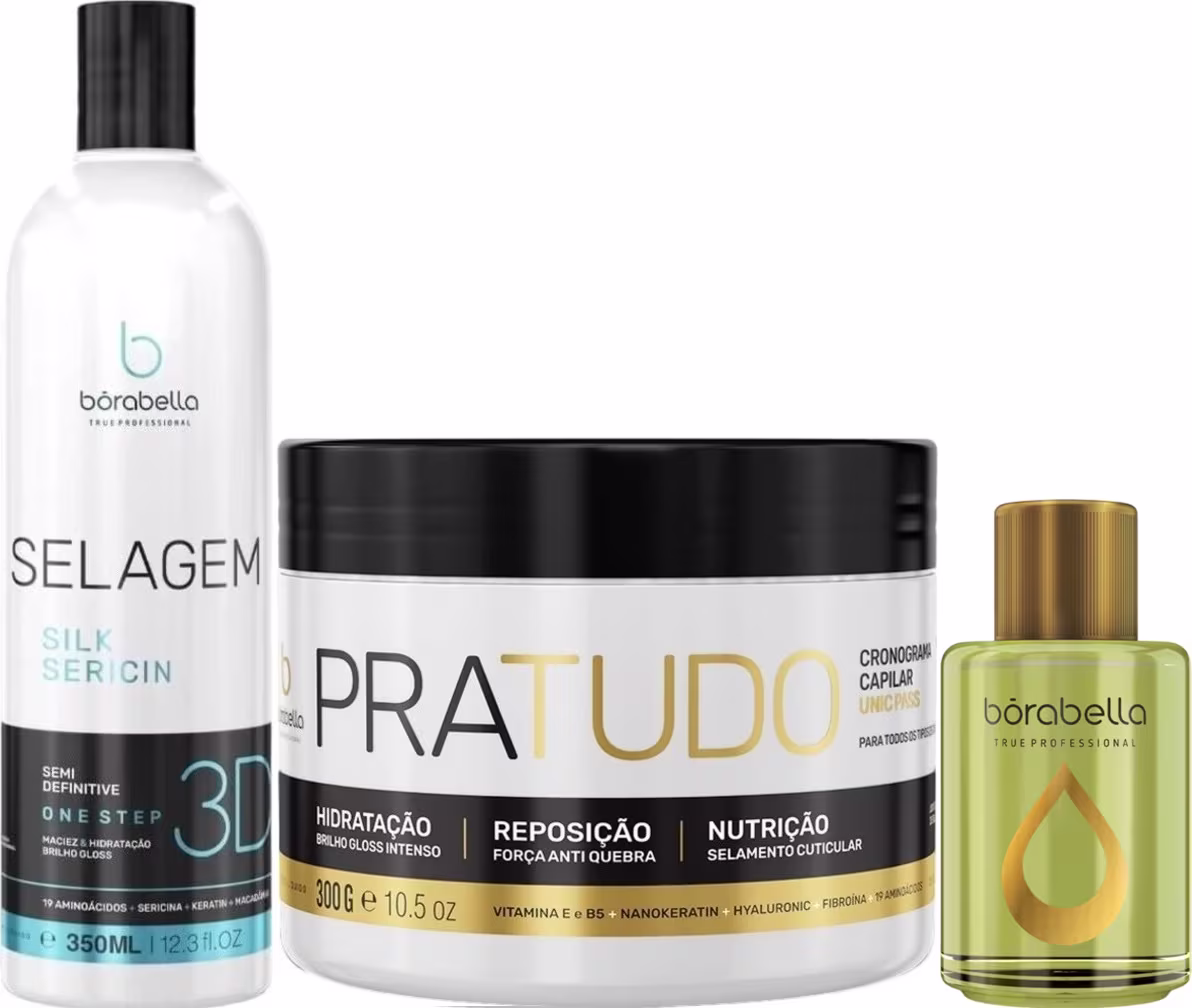 Kit com progressiva selagem 3D, máscara capilar Pra Tudo e reparador de pontas, da marca Borabella.