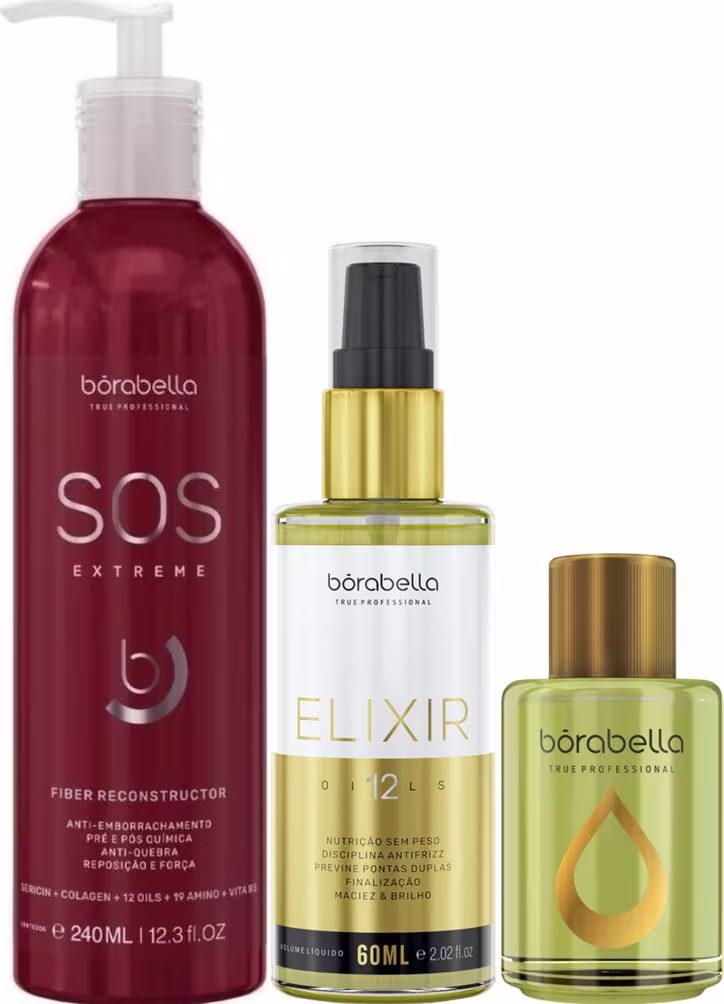 Kit com máscara de reconstrução SOS Extreme, óleo capilar Elixir e reparador de pontas, da marca Borabella.