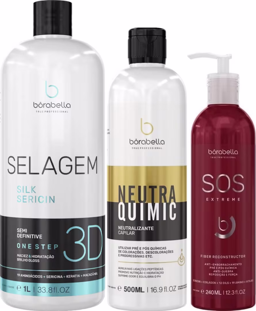 Kit com escova progressiva Selagem 3D, neutralizante capilar NeutraQuimic e máscara de reconstrução SOS Extreme, da marca Borabella.