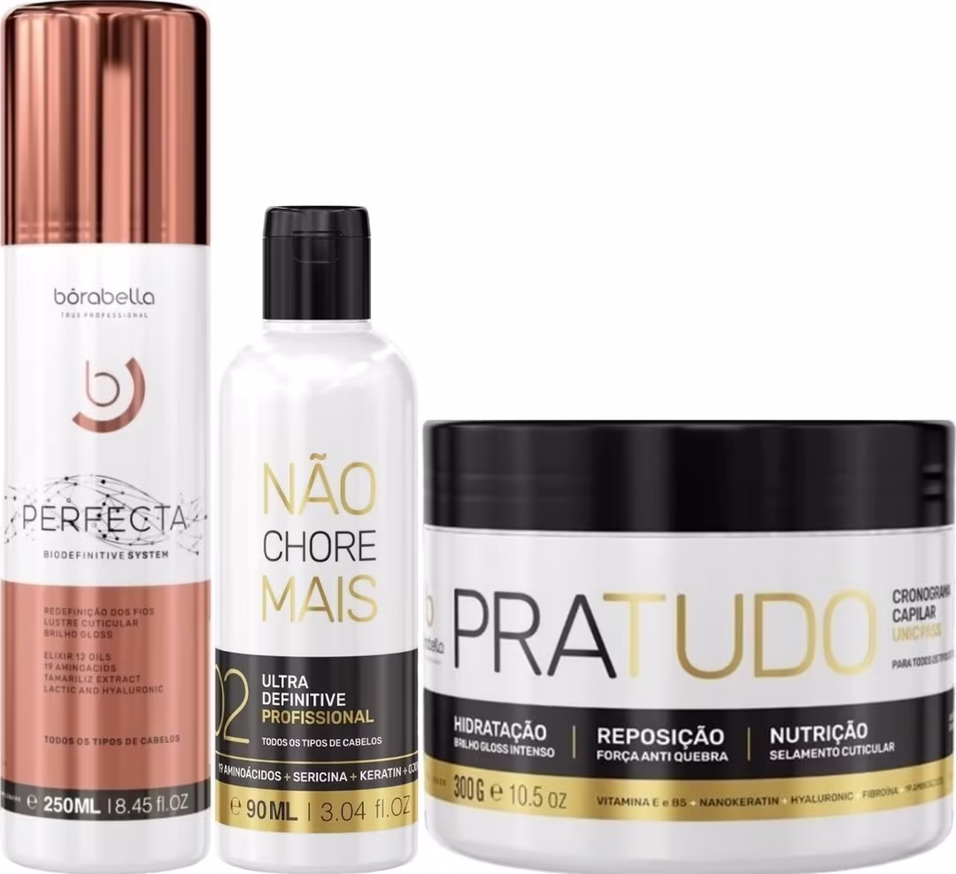 Kit com escova progressiva Perfecta, máscara Pra Tudo e redutor de volume Não Chore Mais, da marca Borabella.