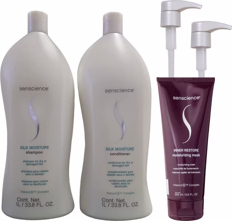 Kit Senscience Silk Moisture Shampoo e Condicionador 1 Litro + Inner Restore Máscara 200ml + 2 Válvulas Pump