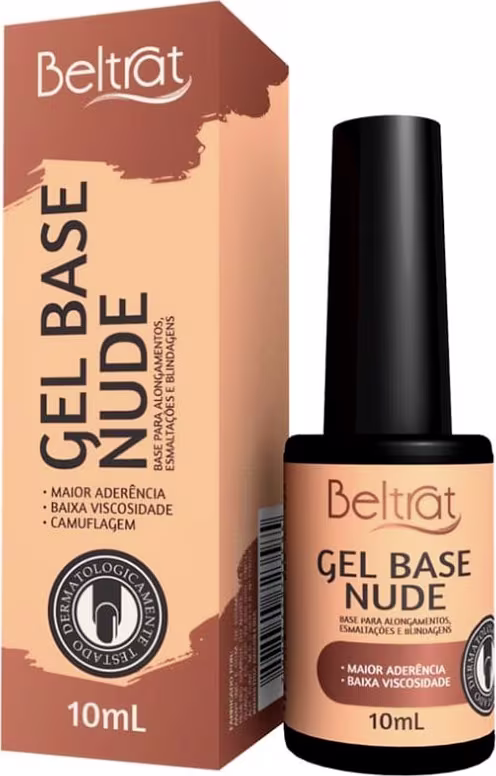 Gel base nude da marca Beltrat, em embalagem de 10 mL, com rótulo em cores marrom e bege, destacando as propriedades de maior aderência e baixa viscosidade do produto.