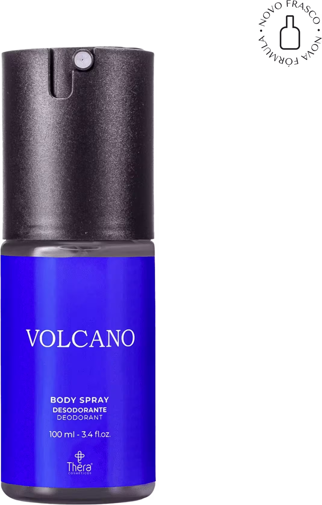 Body spray desodorante da linha Volcano da marca Thera Cosméticos. Embalagem azul com preto. Informação sobre novo frasco e nova fórmula.