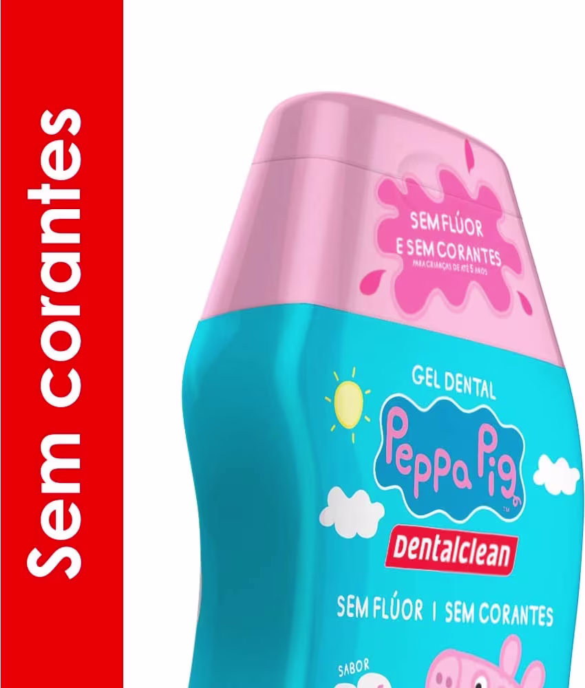 Gel dental infantil Peppa Pig da marca Dentalclean. Na parte superior rosa, destaca-se o texto "Sem Flúor e Sem Corantes" em letras brancas. Na parte azul, apresenta o logotipo Peppa Pig.