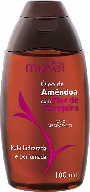 Frasco de óleo de amendoa com flor de cerejeira da marca Muriel, com 100 ml de conteúdo. Embalagem de plástico laranja e marrom, com rótulo destacando os benefícios de pele hidratada e perfumada.