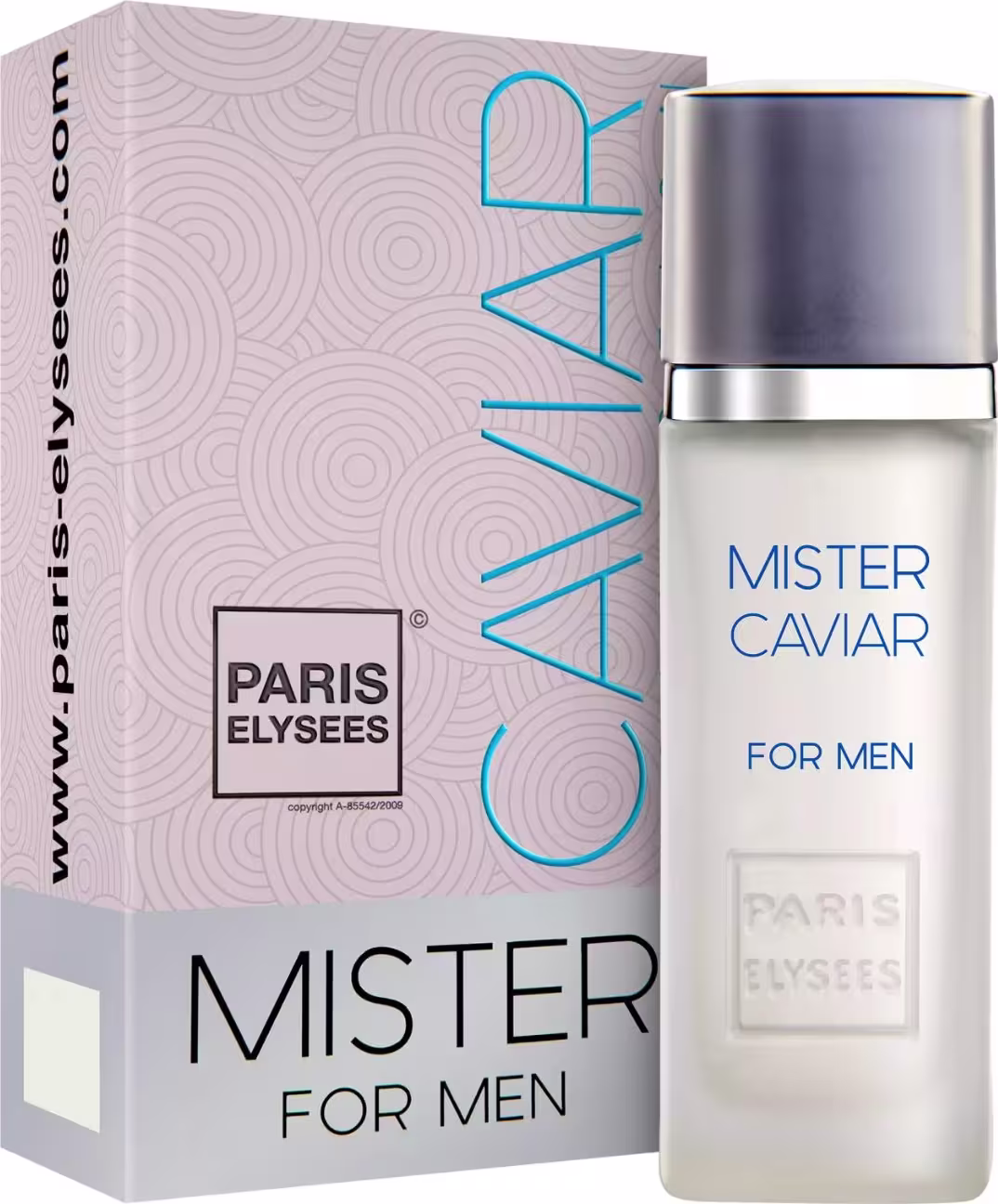 Perfume masculino Mister Caviar da marca Paris Elysees. Embalagem composta por um frasco cilíndrico de metal prateado com tampa metalizada e uma caixa retangular de papelão na cor rosa claro com padrão de círculos concêntricos.