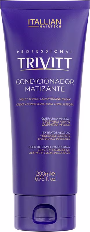 Condicionador matizante Trivitt da marca Itallian Hairtech. Embalagem em tubo plástico roxo escuro.Volume de 200ml.