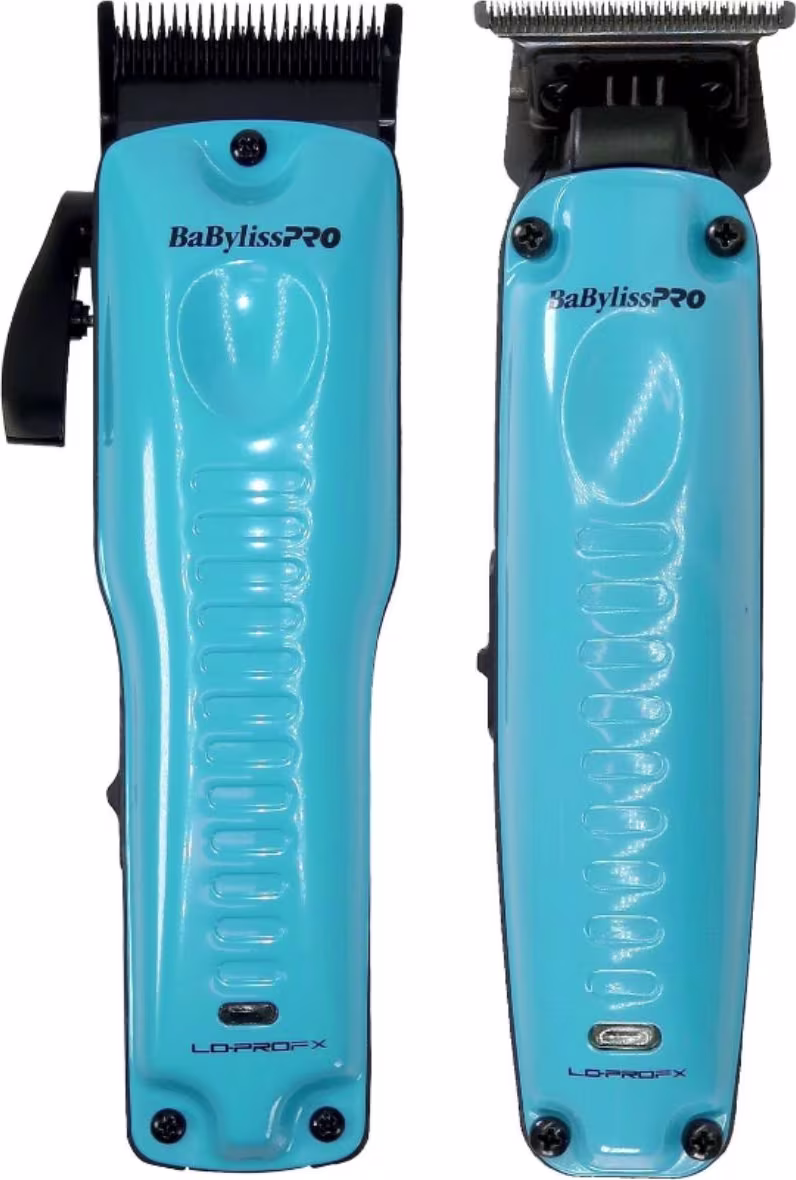 Estes são dois aparelhos de corte de cabelo da marca BaBylissPro. Os produtos têm um corpo azul claro com o nome da marca e modelo "BaBylissPro" impresso.