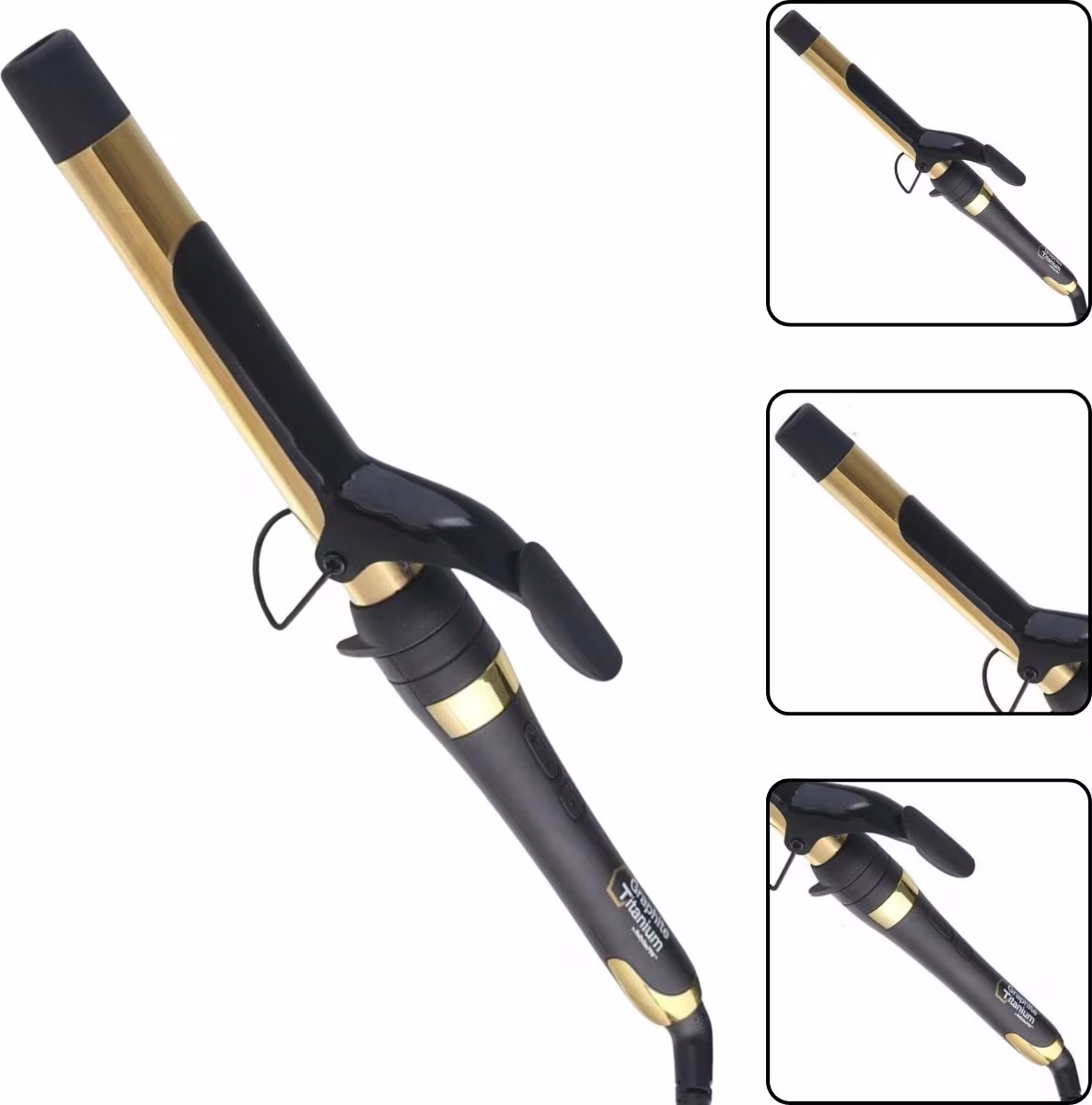 Modelador de cabelo profissional com haste longa e cilíndrica, revestida em preto e dourado. Possui uma ponta arredondada e uma alça ergonômica com trava. Na haste está impresso o logotipo "BaByliss Pro".