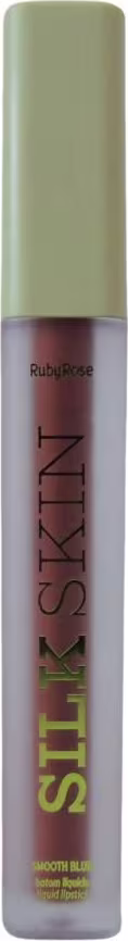 Batom líquido da marca Ruby Rose. O rótulo exibe o nome da marca "Ruby Rose" em vermelho, bem como o nome do produto "Silk Skin" também em vermelho. A cor predominante do produto parece é um tom de marrom.