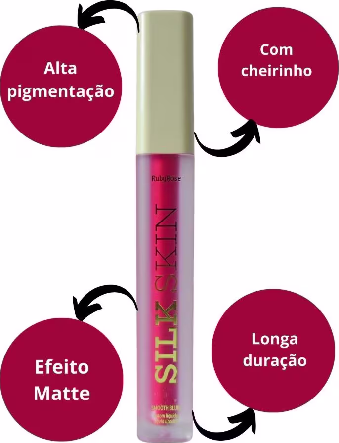 Batom líquido Ruby Rose. O produto é descrito como tendo "Efeito Matte", "Alta pigmentação", "Com cheirinho" e "Longa duração", conforme indicado nos rótulos circulares ao redor do tubo. A cor do produto parece ser um tom de vermelho vibrante.
