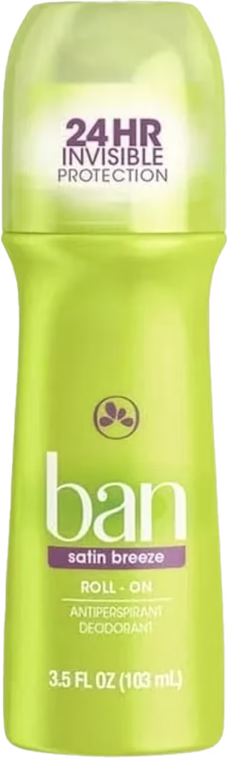 A imagem mostra um desodorante roll-on da marca Ban. O frasco é na cor verde clara e destaca na embalagem a promessa de "24HR Invisible Protection" (Proteção Invisível de 24 horas).
