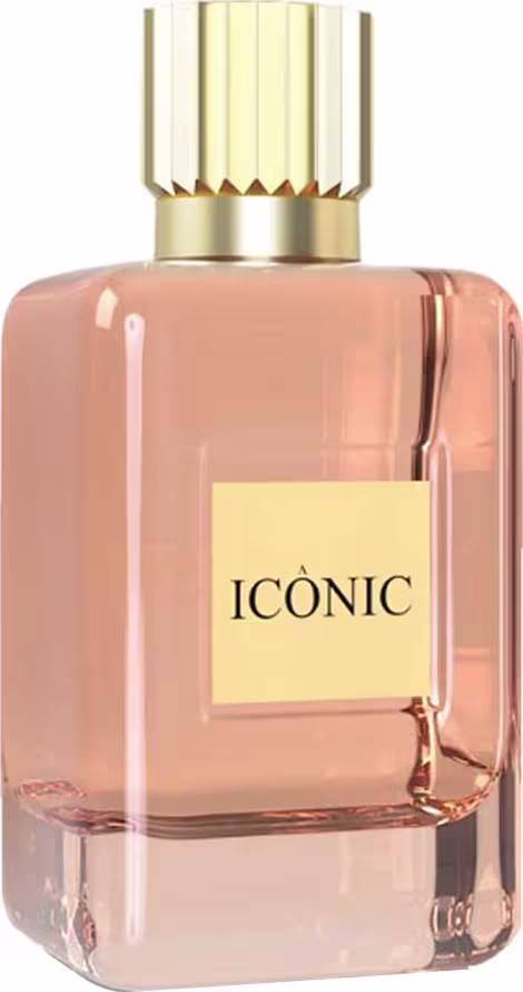 Frasco de perfume rosa com tampa dourada e rótulo com a palavra "ICONIC" em destaque. O design é elegante e sofisticado, com uma aparência premium.