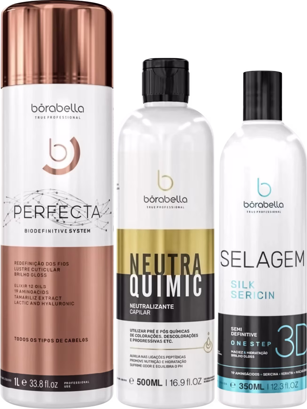 Kit Borabella com Escova Progressiva Perfecta 1L + Neutralizante NeutraQuimic 500ml + Selagem 3D 350ml