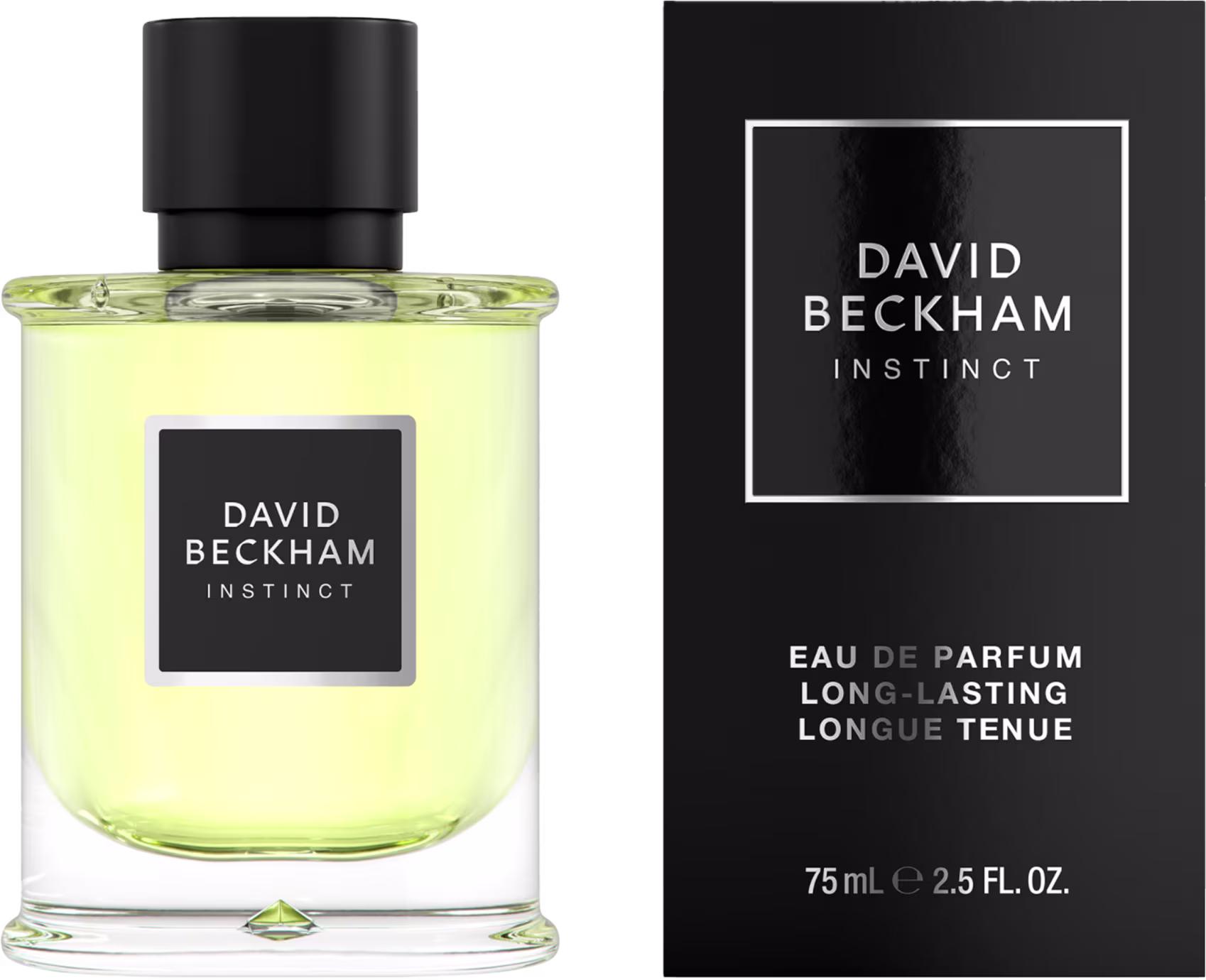 Perfume David Beckham Instinct em frasco de vidro transparente com líquido amarelo claro com tampa preta. Ao lado, uma caixa preta com detalhes em prata incluindo o nome "David Beckham Instinct" e informações do produto como "Eau de Parfum Long-Lasting".