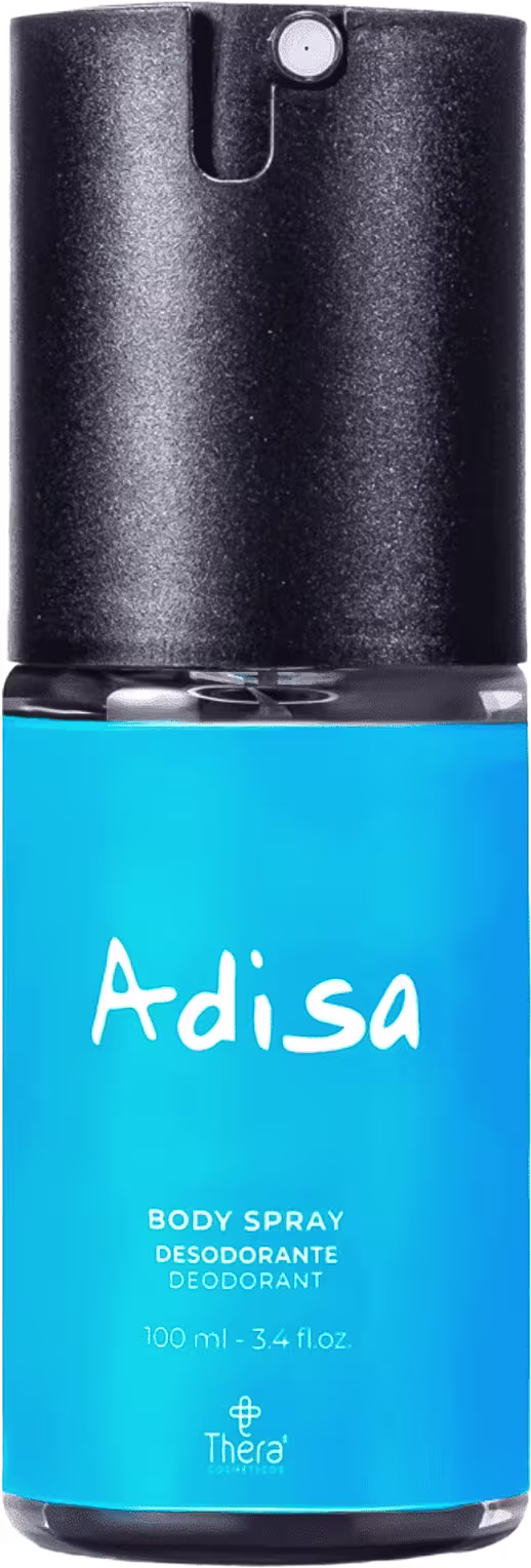 Body spray desodorante Adisa da marca Thera Cosméticos. Embalagem cilíndrica com rótulo azul claro e parte do aplicador na cor preta.