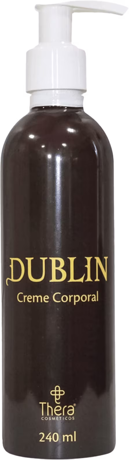 Creme corporal Dublin da marca Thera Cosméticos. Embalagem de plástico marrom translúcido com bomba dosadora branca. Rótulo dourado com o nome "Dublin Creme Corporal" e o logotipo da marca. Capacidade de 240ml indicada na parte inferior.
