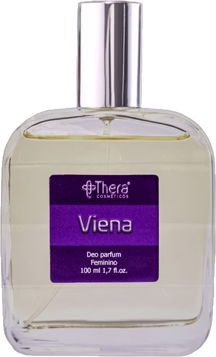 Perfume feminino Viena da marca Thera Cosméticos. Frasco retangular transparente contendo líquido amarelo claro. Rótulo roxo na parte frontal com o nome do produto "Viena".Tampa cilíndrica prateada.
