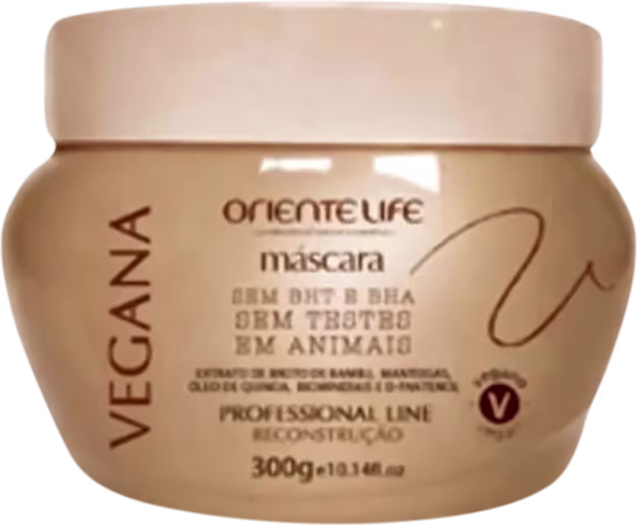 A imagem mostra um pote de máscara capilar cor bege de 300g.