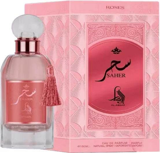 Frasco de perfume Al Absar Saher, com embalagem rosa e detalhes decorativos, contendo 100 ml de produto. O rótulo apresenta o nome da fragrância em árabe e inglês.