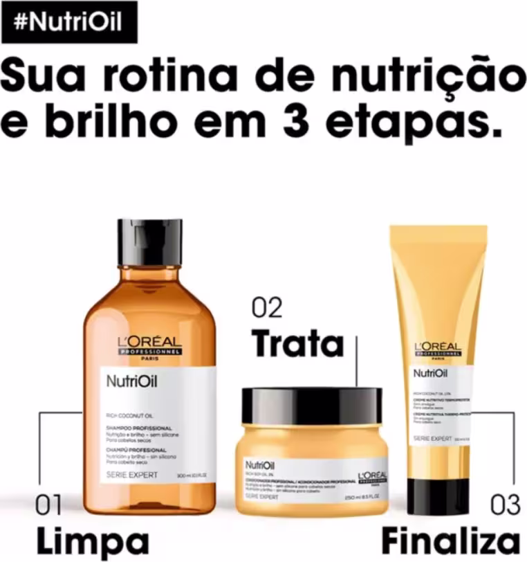 A imagem apresenta uma linha de produtos de tratamento capilar da marca L'Oréal Professionnel chamada NutriOil. São três produtos em embalagens distintas: um shampoo, condicionador e máscara capilar. O texto indica: limpar, tratar e finalizar.