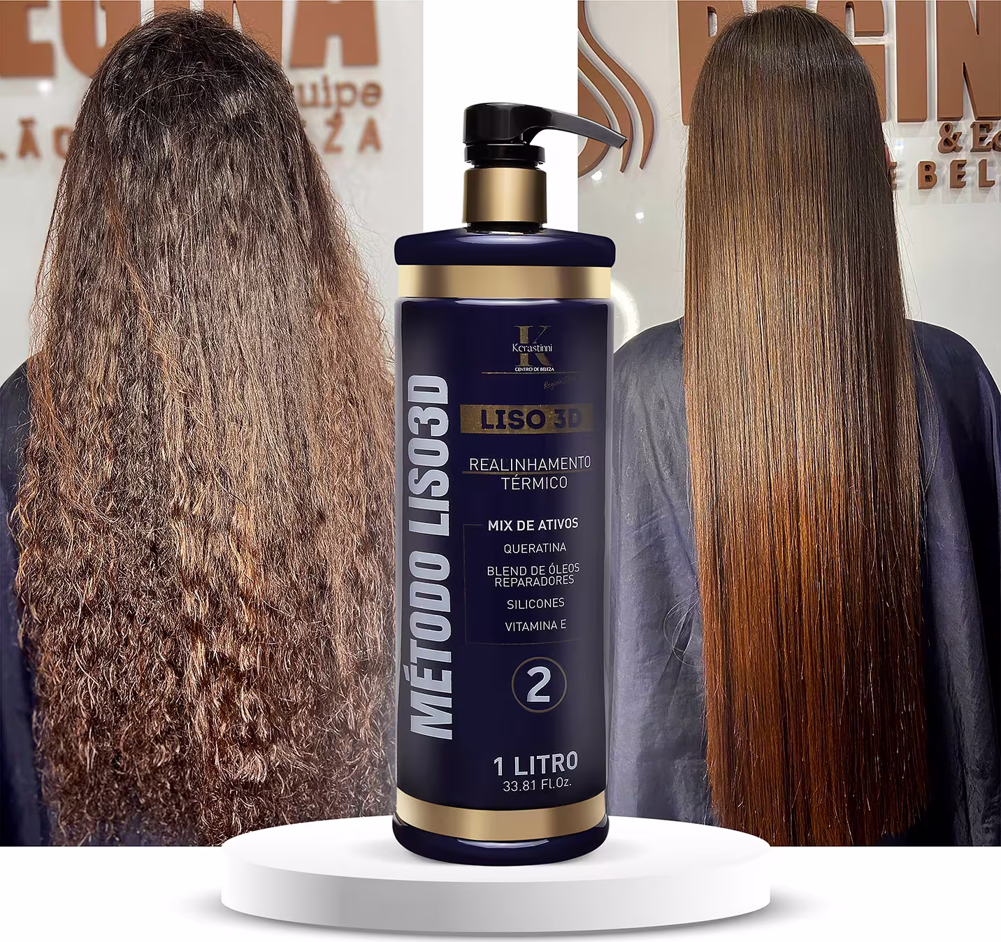 O produto apresentado é um tratamento capilar da linha Liso 3D da marca Kerastinni. Vem em um frasco plástico transparente de 1 litro com detalhes em dourado e preto. O frasco tem uma bomba dosadora preta na parte superior.