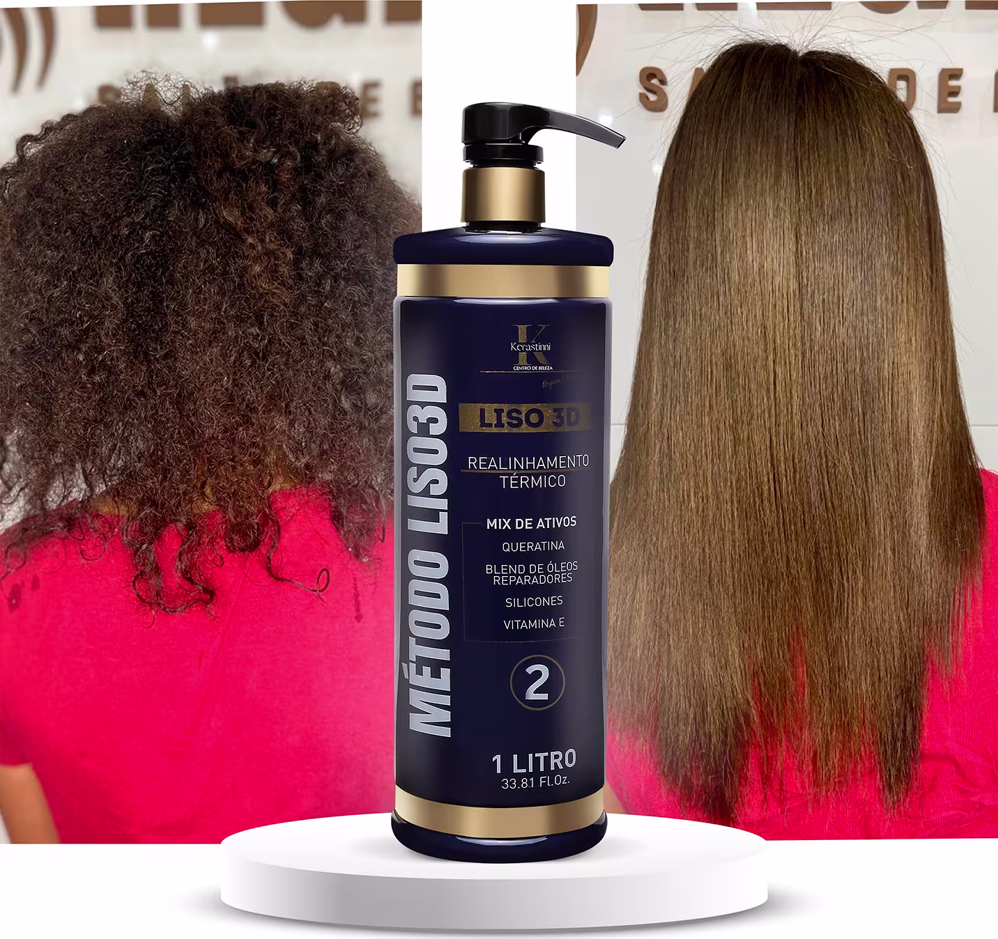 O produto apresentado é um tratamento capilar da linha Liso 3D da marca Kerastinni. Vem em um frasco plástico transparente de 1 litro com detalhes em dourado e preto. O frasco tem uma bomba dosadora preta na parte superior.