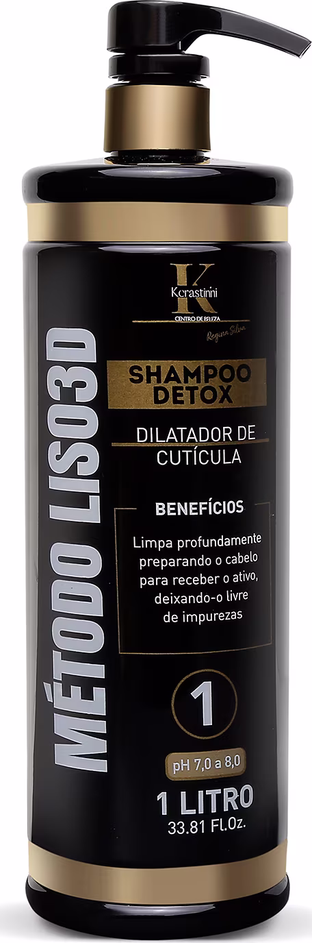 Shampoo detox dilatador de cutícula da marca Kerastinni. Embalagem plástica preta e dourada com bomba dosadora. Rótulo preto com detalhes em dourado, listando os benefícios do produto.