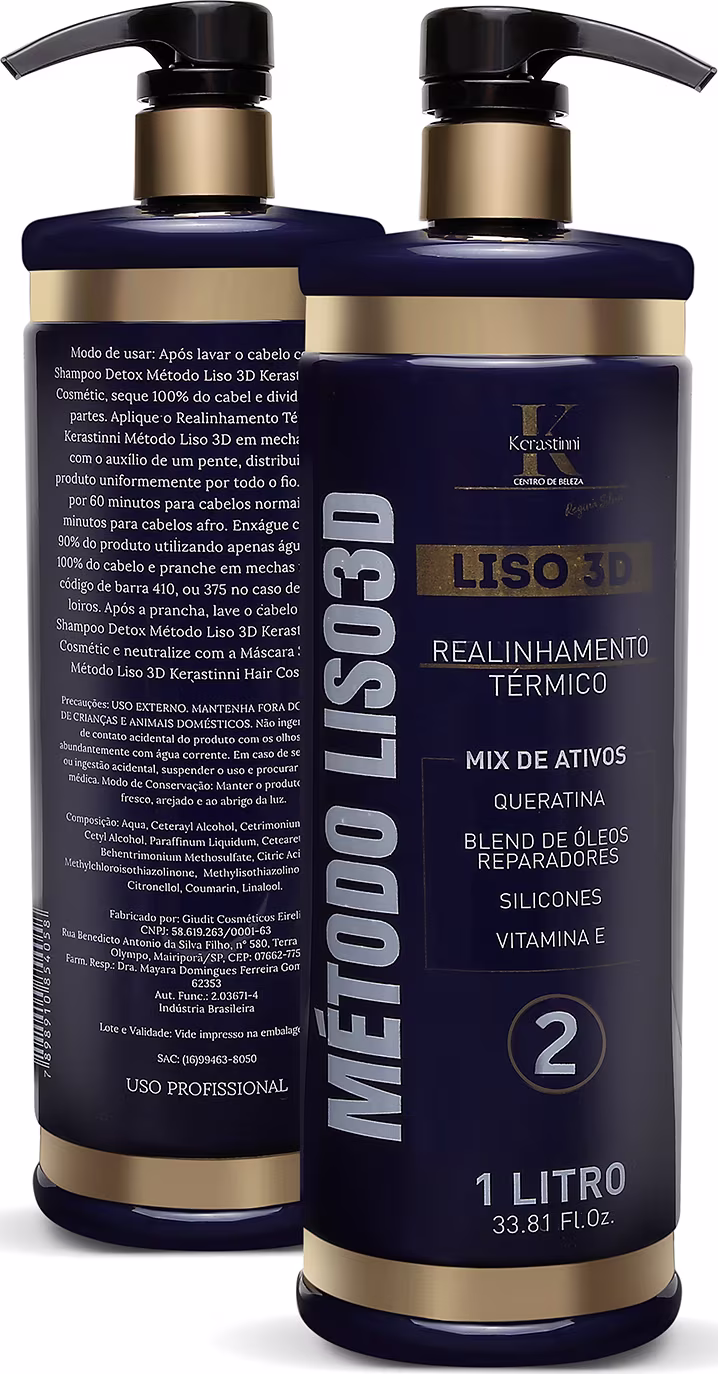 O produto apresentado é um tratamento capilar da linha Liso 3D da marca Kerastinni. Vem em um frasco plástico transparente de 1 litro com detalhes em dourado e preto. O frasco tem uma bomba dosadora preta na parte superior.