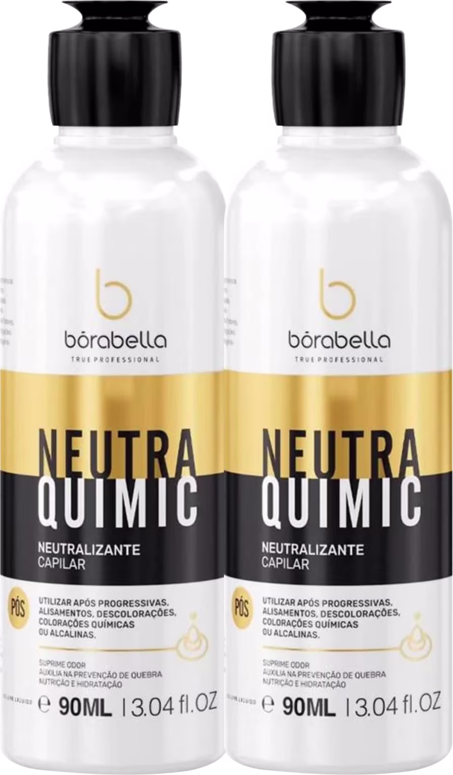 Dois frascos brancos de um produto de beleza da marca Borabella, chamado "Neutra Quimic". O produto é descrito como um neutralizante capilar, que pode ser utilizado após procedimentos químicos no cabelo.