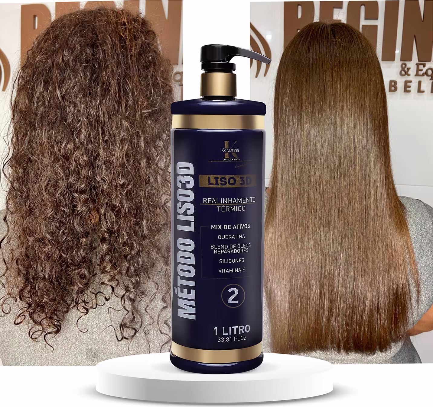 O produto apresentado é um realinhamento térmico para cabelos da linha Kerastase. É um frasco plástico azul marinho com detalhes dourados, contendo 1 litro do produto. A embalagem exibe o nome "Liso 3D Método Liso 2" e informações.