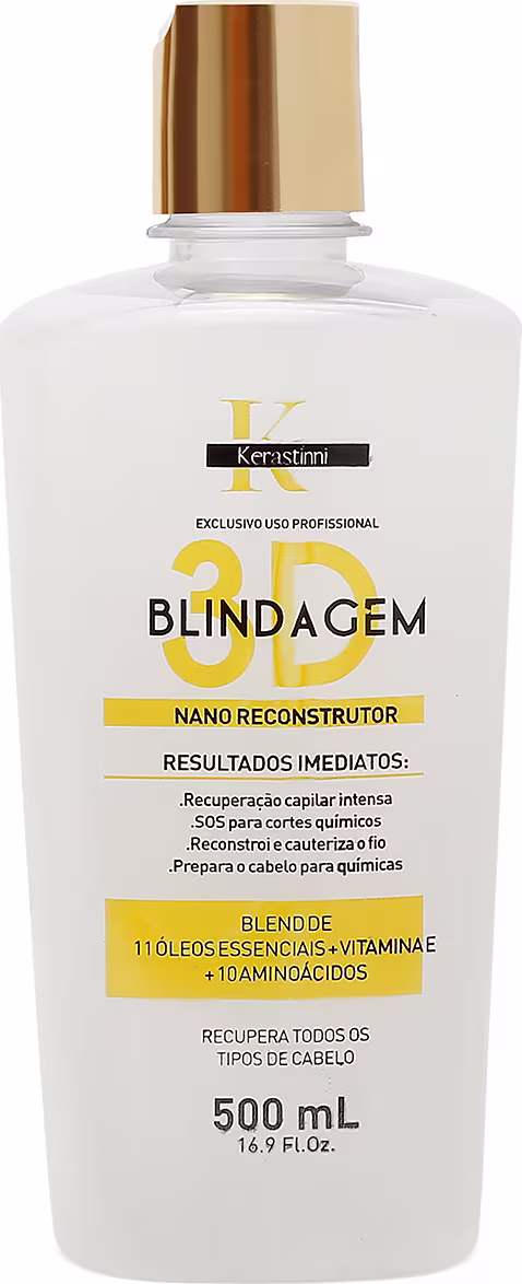 É um frasco plástico transparente contendo um produto líquido para tratamento capilar. O frasco tem uma tampa dourada e uma etiqueta branca com detalhes em amarelo e preto.