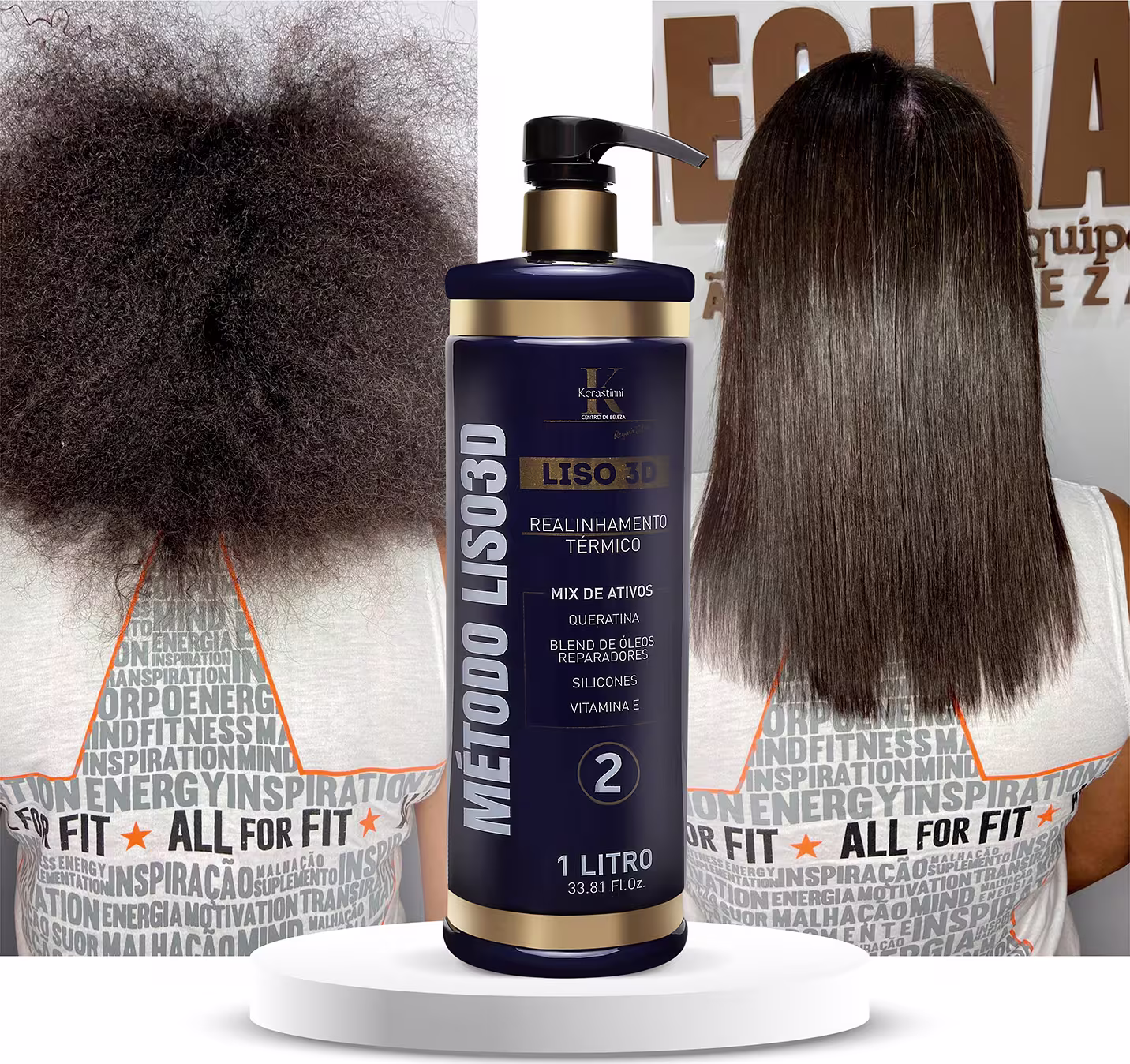 O produto apresentado é um tratamento capilar da linha Liso 3D da marca Kerastinni. Vem em um frasco plástico transparente de 1 litro com detalhes em dourado e preto. O frasco tem uma bomba dosadora preta na parte superior.