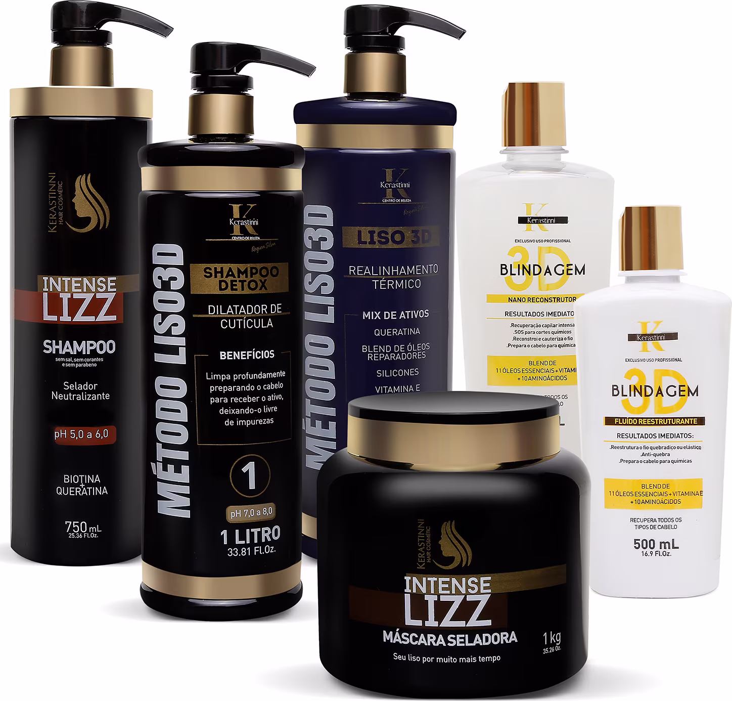 A imagem mostra uma linha de produtos de beleza para cabelos da marca Kerastinni. Os produtos incluem shampoos, condicionadores e máscaras capilares. As embalagens são frascos plásticos de cores preta, dourada, branca e azul marinho.