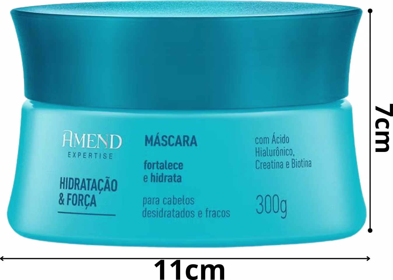 A imagem mostra o o pote da máscara capilar com as medidas, que indicam: 7cm de altura e 11cm de largura.