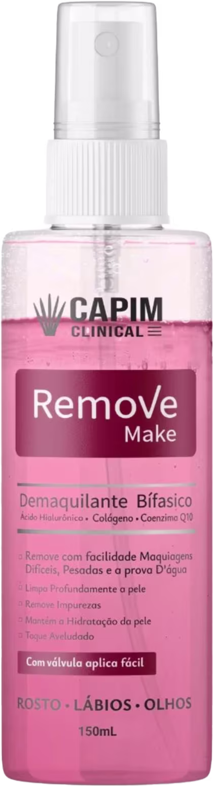 Produto de demaquilante bifásico Remove Make da marca Capim Clinical. Embalagem em frasco plástico transparente com líquido rosa. Válvula aplicadora branca na parte superior. Volume de 150ml indicado na embalagem. Cores predominantes são rosa e branco.