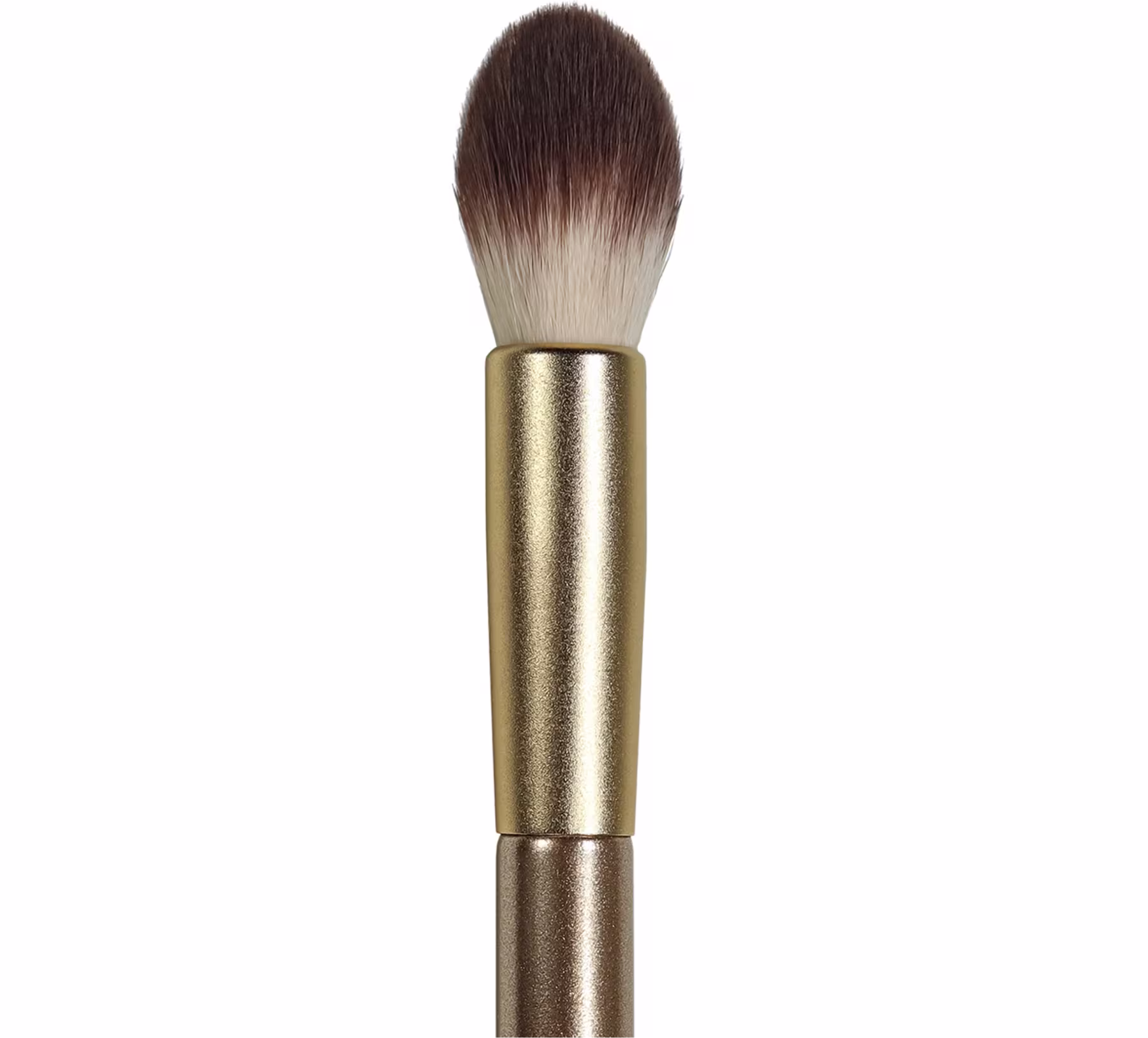 A imagem mostra um pincel de cabo dourado, marca escrito em preto e cerdas brancas com pontas escuras.