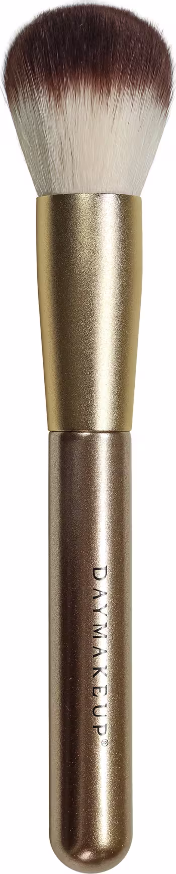 A imagem mostra um pincel de cabo dourado, marca escrito em preto e cerdas brancas com pontas escuras.