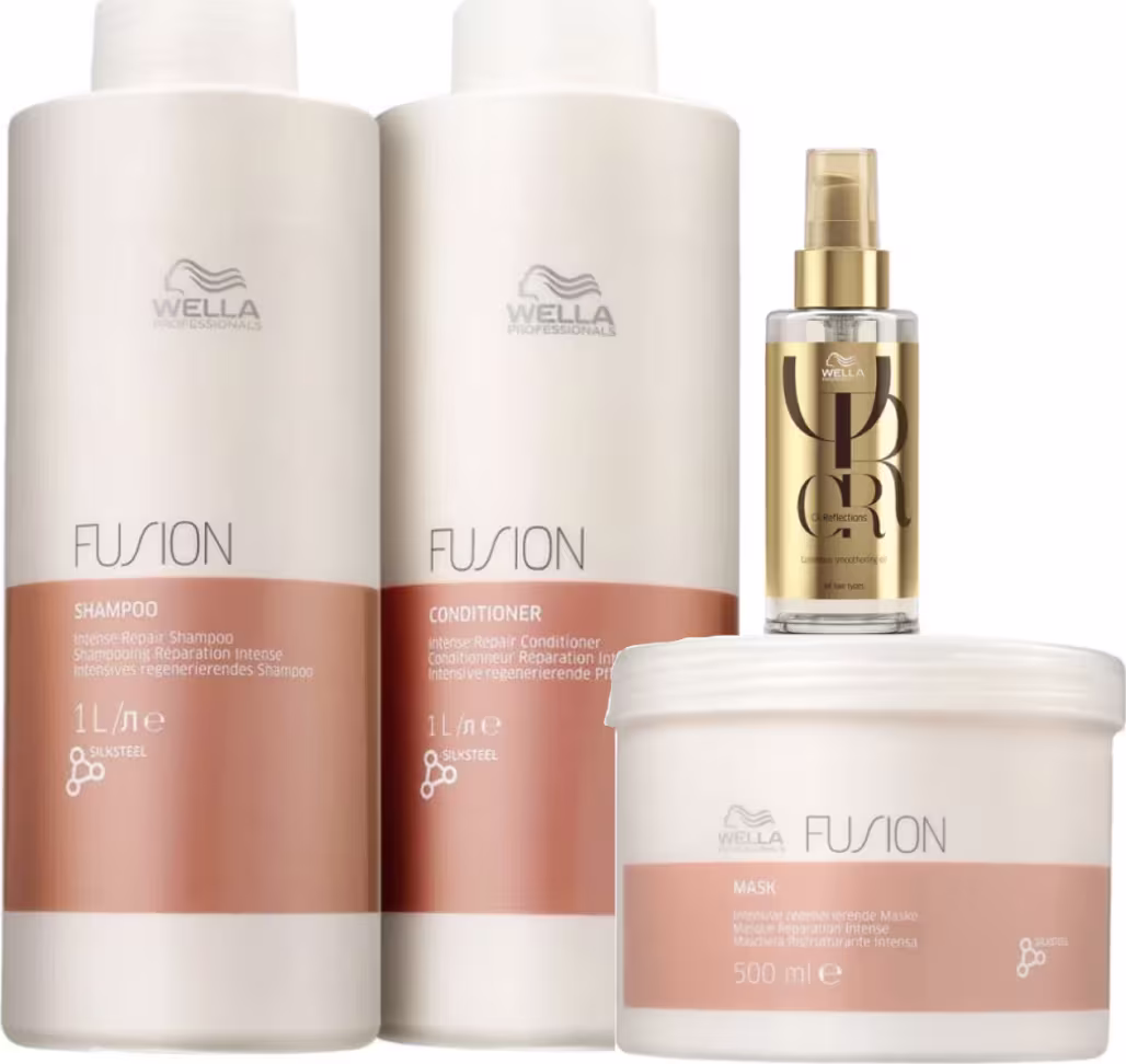 A imagem mostra dois frascos grandes de shampoo e condicionador na cor cobre, um frasco menor de um produto de tratamento capilar em embalagem dourada, e uma máscara capilar em um pote branco.